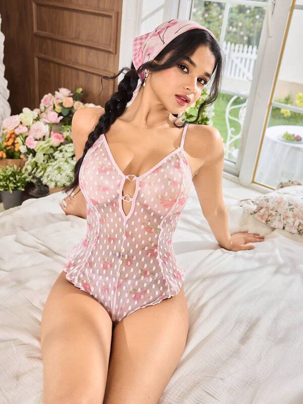 FloralLove Body sexy pentru femei, cu imprimeu floral transparent, buline, romantic, sexy, transparent, cu volane, tiv încrețit, margini încrețite, roz deschis
