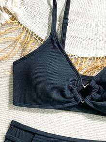 Tween Girls' Heart & Hoop Detail Bikini Sets,Black Summer Casual Beach Holiday Tween Girls Bathing Suits Swim Suits Set - Black - View 3