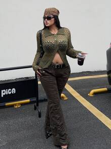 POPSWAY Duży damski dzianinowy kardigan w stylu boho, swobodny na wiosnę/lato/jesień, odpowiedni na wakacyjne wyjścia - Wojskowa Zieleń - Zobacz 6