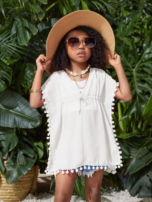 SHEIN Kleine Mädchen lässige Chiffon-Überwurfbluse mit Fransenbesatz