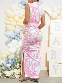 Loomaby Floral Print Ruched Maternity Shift Dress With Stand Collar - Pink - View 2