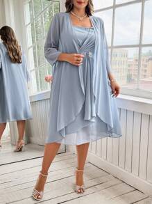 Ellevyn Plus Size Elegant And RomanticChiffon Two Pieces Set: Summer Elegant Flowing Chiffon Coat And Multi-Layered Ruffled Chiffon Waist Rhinestone Decoration Dress Spring/Summer Outfits For Women - Baby Blue - View 14