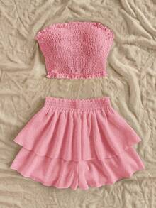 Soleia 2 件套女士纯色抹胸上衣和迷你裙套装，夏季时尚 - 淺粉色 - 查看 5