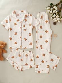 SHEIN 3件套可爱熊、星星和月亮印花女士睡衣套装 - 杏色 - 查看 4