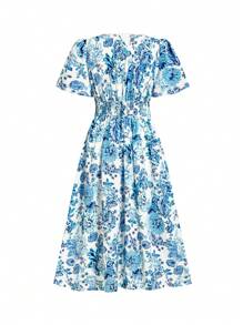 Ellevyn 女式 V 领短袖收腰花卉印花蕾丝边 A 字中长连衣裙，优雅适合日常穿着、度假穿着、春夏季 - 藍白色 - 查看 4