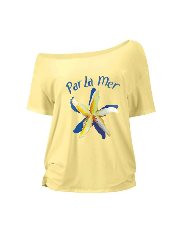 Sweetra Women's Loose Asymmetrical Shoulder Yellow T-Shirt With Hibiscus Flower Print, Beach Wear, Plus Size Y2K Oversized Top, Summer