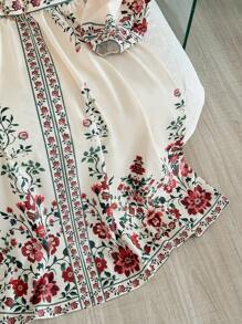 SHEIN 少女碎花灯笼袖收腰A字连衣裙 - 米色 - 查看 3