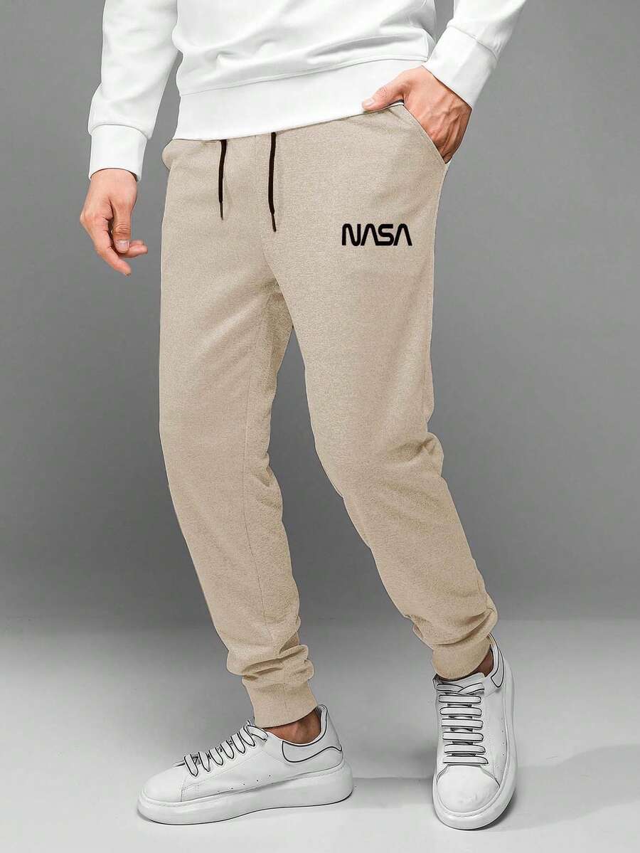EURMUSE Cotton Men Letter Graphic Drawstring Waist Sweatpants - Apricot - View 1
