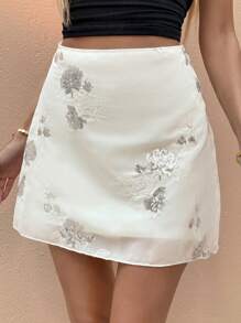 SHEIN Frenchy Women's Floral Sequin Decorated High Waist Short Skirt