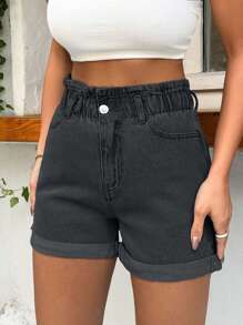 EURMUSE 100%Cotton Rigid, Elastic Band Detailed Shorts ,Petite Women - Dark Grey - View 7
