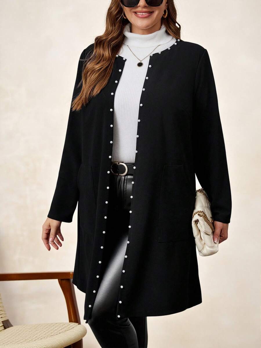 SHEIN Clasi Áo khoác nữ mùa đông cỡ lớn màu trơn hở phía trước dài tay có nút ngọc trai giả và túi - màu đen - Xem 1