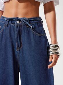 Denimoi Drawstring Belt Baggy Fit Denim Jeans - Dark Wash - View 2