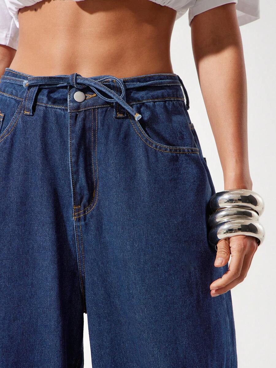 Denimoi Drawstring Belt Baggy Fit Denim Jeans