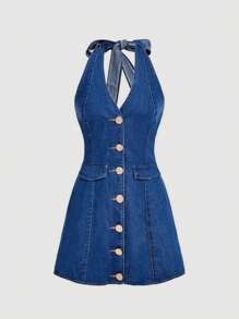SHEIN MOD 女士休闲时尚前扣系带牛仔背带金属纽扣修身牛仔连衣裙 - 中等水洗藍 - 查看 5