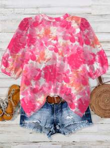 SHEIN LUNE Áo cánh rộng tay ngắn in hoa nhỏ nhắn cho nữ cỡ lớn, thiết kế mới cho mùa xuân/hè - Nhiều màu - Xem 2