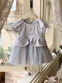 Baby Girl Round Neck Puff Sleeve Princess Style Mesh Dress - Grey - View 3