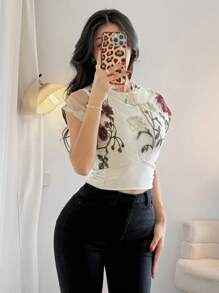 SHEIN Privé Blusa de verano ajustada con mangas cortas y bordado floral vintage para mujer, Blusa de patchwork floral albaricoque, Diseño cómodo y ajustado, Ropa de primavera/verano, Playa, Oficina, Elegante, Día de la Madre - Albaricoque - Ver 4