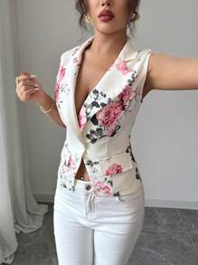 Elenzga Women Floral Print Distressed Collar Sleeveless Elegant Blazer
