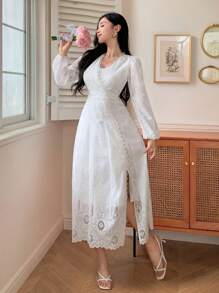 DAZY Elegant Women's Long Dress With V-Neck, Lantern Sleeves, And Contrast Lace Texture Material,Fall Dress Long Sleeve Dress - White - View 6