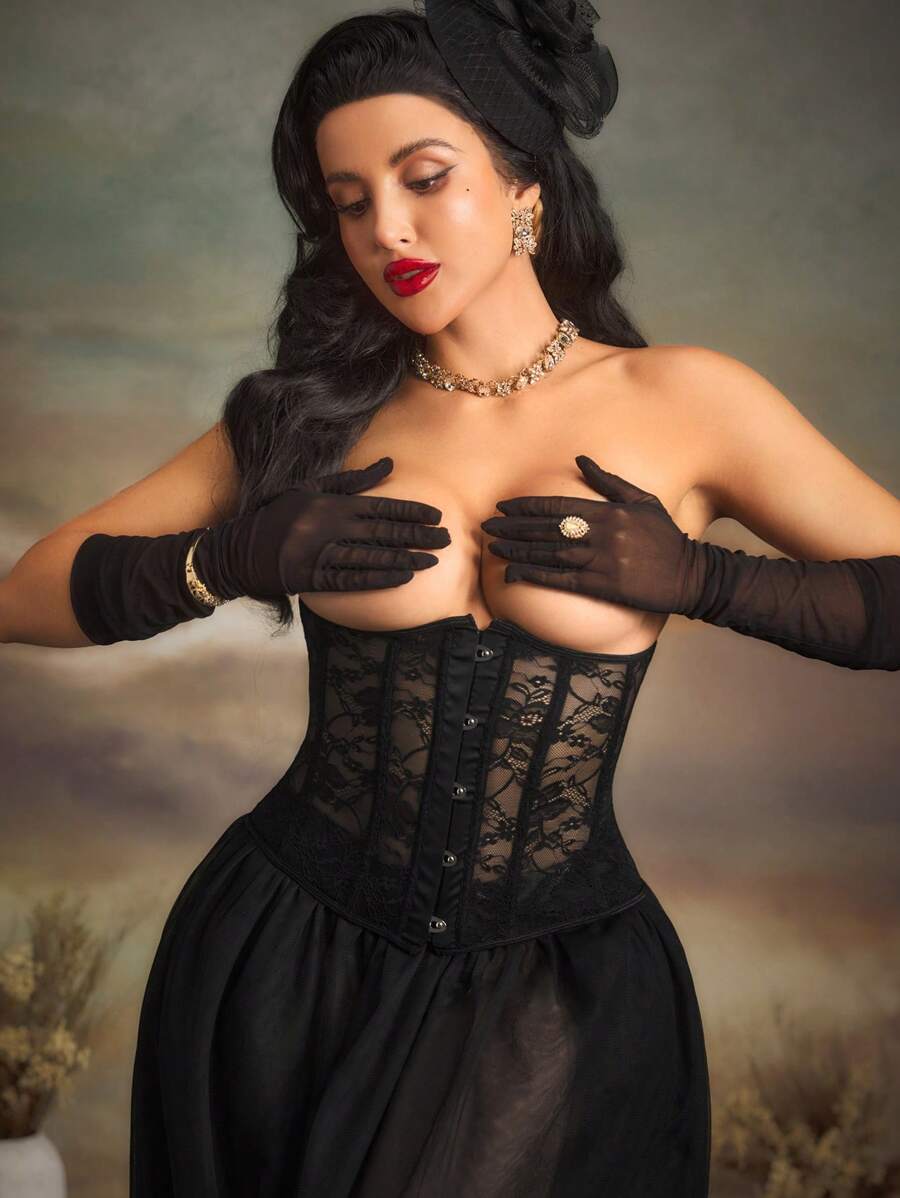 复古宫廷风蕾丝拼接女士腰带 - 黑色 - 查看 1