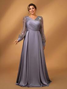 Serin Plus Size Women's Elegant And Gorgeous Gray Luxury Fine Glitter Beads Sequins Stitching Satin Lantern Long Sleeves Overlap V Neck Pleated A-Line Hem I-Shaped Pleats Suitable For Mothers To Attend Wedding Events Bachelorette Parties Dating Dance Dinner Holiday Music Festival Evening Dresses Bride Mother Dress - Grey - View 2