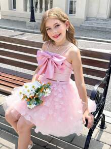 Tween Girl Woven Solid Color Big Bow Camisole Top & 3D Floral Skirt 2 Pieces Set, Cute Princess Dress - Pink - View 3