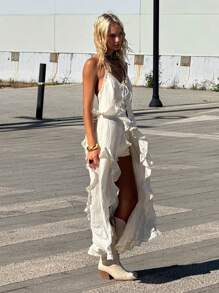 SHEIN ICON Damen Western Cowgirl Stil Metal Mesh geschnürtes asymmetrisches Träger Top - Weiss - Übersicht 6