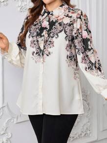 Graceveil قميص أنيق وعصري مطبوع بزهور بجيب واحد مقاسات كبيرة - لون مشمشي - مشاهدة 5