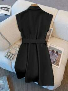 Franclia Đầm midi đi làm thường ngày màu trơn cho nữ - màu đen - Xem 2