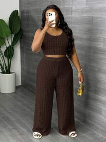 Slaydiva 2Pcs Plus Size White Solid Color Sleeveless Long Tank Top And Wide Leg Pants Set, Casual Wear For Spring And SummerSummer Outfits For Women,Two Piece Set Women - Brown - View 7