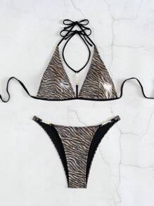 Swim SXY 2pcs Set European Style Women Sexy Textured Fabric Spaghetti Strap Backless Triangle Bikini Swimwear Set For Summer Beach Vacation