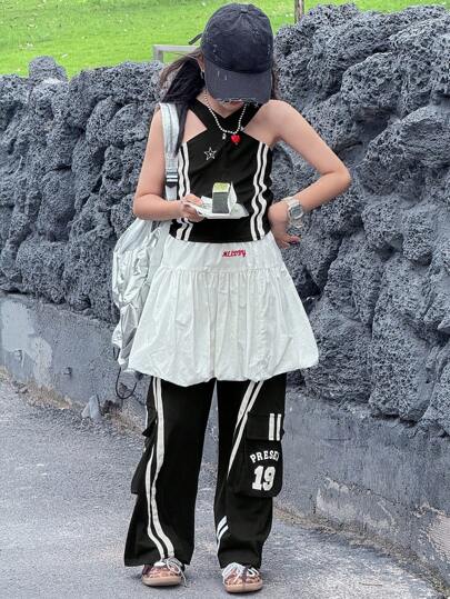 DAZY Korean Style New Tween Girl Girls 2pcs Summer Suit, Crop Halter Sleeveless T-Shirt And Casual Pants For Tween Girl