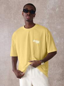SUMWON 夏季社交俱乐部街头服饰短袖图案印花超大版型常规棉质 T 恤休闲周末日常穿着 - 黃色 - 查看 2