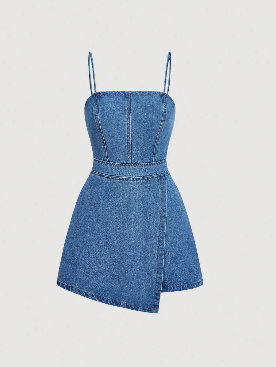 SHEIN MOD Women's Summer Casual Asymmetric Hem Denim Jumpsuit Romper