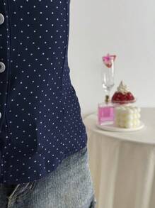 Elamini Polka Dot Print Lapel Collar Fitted Short Sleeve Blouse For Women