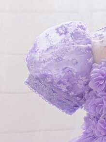 Vestido de niña con mangas abullonadas, cola de tul y flores 3D en color púrpura, vestido esponjoso de volantes de malla para primavera/verano, vestido de princesa para cumpleaños, boda, fiesta, recital, niña de las flores