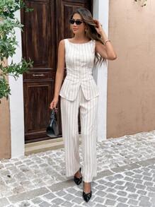SHEIN Frenchy 2 Stücke Damen ärmellose gestreifte Camisole Outfit, geeignet für den Sommer - Aprikosenfarben - Übersicht 5