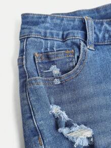 SHEIN Girlism 少女 Y2K 春夏假期纯色水洗低腰破洞下摆牛仔短裤，夏季波西米亚风海滩音乐会狂欢节 - 藍色 - 查看 4