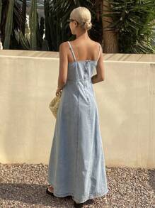 Livesso 女士夏季流苏装饰吊带牛仔连衣裙，返校度假装 - 藍色 - 查看 2