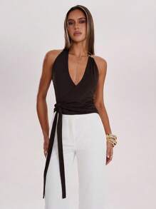 SHEIN BAE 这款女士棕色金属纽扣装饰性感上衣适合日常外出、通勤休闲、下午茶聚会、夏季穿着、乡村音乐会服装和度假穿着。 - 棕色 - 查看 4