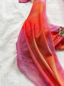 Soleia Bộ 2 món đồ cho nữ, áo yếm màu ombre cổ khoét sâu họa tiết hoa kim loại trang trí, váy ngắn nhiều lớp viền bèo nhún, kỳ nghỉ thường ngày, bãi biển, du ngoạn, kỳ nghỉ thành phố, lễ hội âm nhạc, phong cách boho - trái cam - Xem 9
