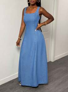 Slaydiva 女式方领无袖休闲加长牛仔连衣裙，夏季 - 中等水洗藍 - 查看 3