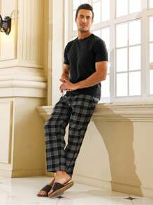 Men Solid Tee & Gingham Print Pants PJ Set / Pajama Set