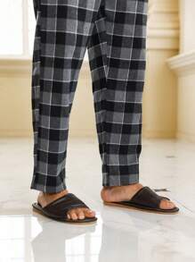 Men Solid Tee & Gingham Print Pants PJ Set / Pajama Set