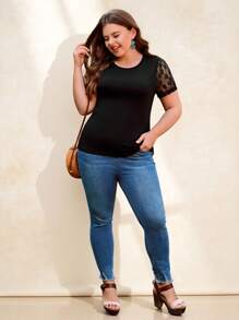 Chikora Plus Contrast Lace Tee - Black - View 3