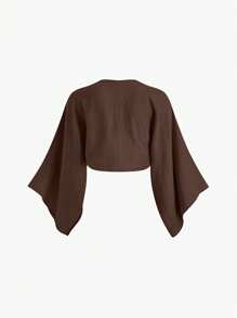 INAWLY Women's Casual Solid Color Bat-Wing Sleeve Cropped Shirt Fall Cloth For Women - Coffee Brown - View 2