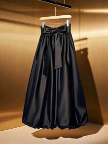 Regalyn Plus Size Elegant Lady Bow Decor Bubble Hem Skirt Fall Cloth For Women
