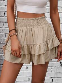 SHEIN PETITE Women's Solid Color Ruffled Layered Mini Shorts Vacation Skorts - Khaki - View 4