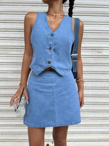 SHEIN Teen Girl Casual Vacation Single-Breasted Vest And Denim Skirt Two-Piece Set, Spring/Summer