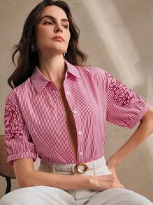 Anewsta New Perforated, Embroidered & Striped Short Sleeve Women Blouse, Summer